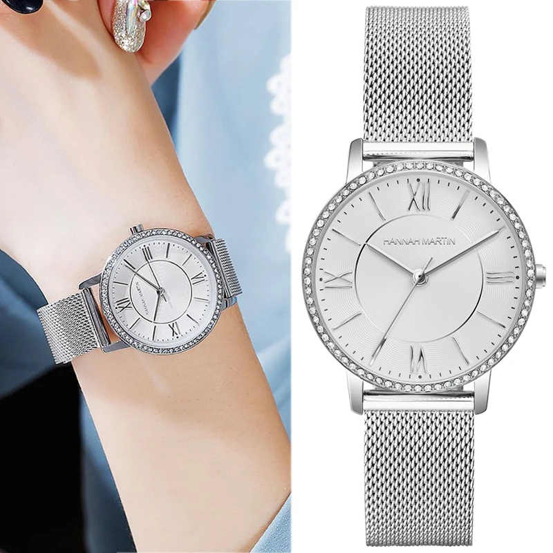 

Часы женские кварцевые серебристые, брендовые люксовые простые японские наручные с браслетом со стразами из нержавеющей стали