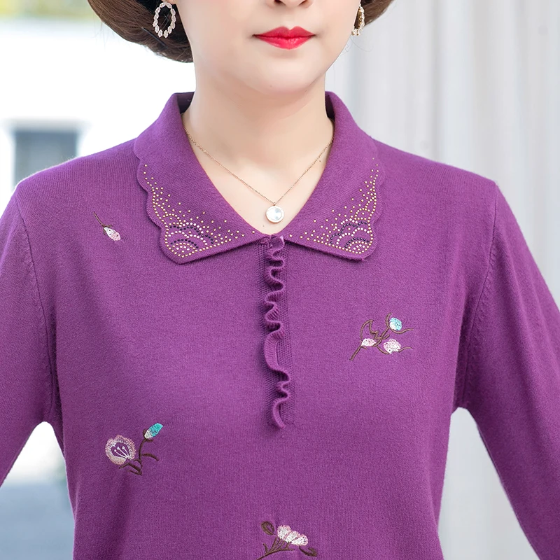 

Turn Down Women Sweater Spring Causal Mother Pullover Knitted Top Female Women Clothing Elasticity Embroidery Sweaters For Women