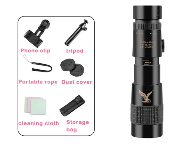 

Monocular 4K 10-300X40mm Super Telephoto Zoom Camping Telescope Eyepiece Portable Binoculars Hunting with Light Night Vision
