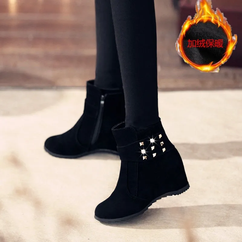 

New Concise Elegant Mature Women Boots Round Toe Rivets Decoration Autumn Winter Warm wedge platform Height Increasing 6 cm Boot
