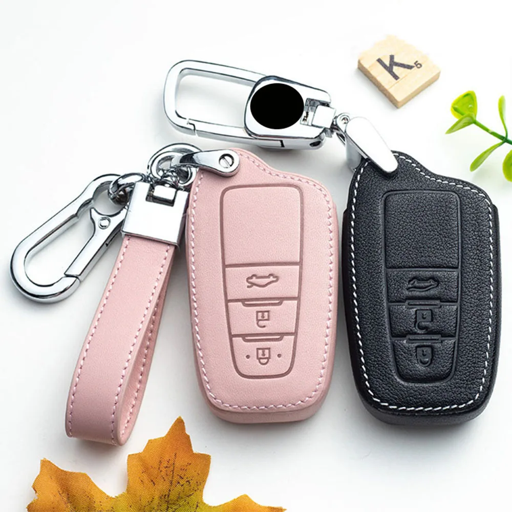 

Genuine Leather Car Remote Key Chain Fob Case Cover For Toyota Prius Camry Corolla C-HR CHR RAV4 Prado 2018 Accessories Styling
