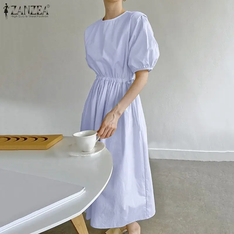 

ZANZEA Female 2021 Stylish Puff Sleeve Dress Summer Sundress Casual Drawstring Maxi Vestidos Hollow Robe Femme Chic Saias Longas