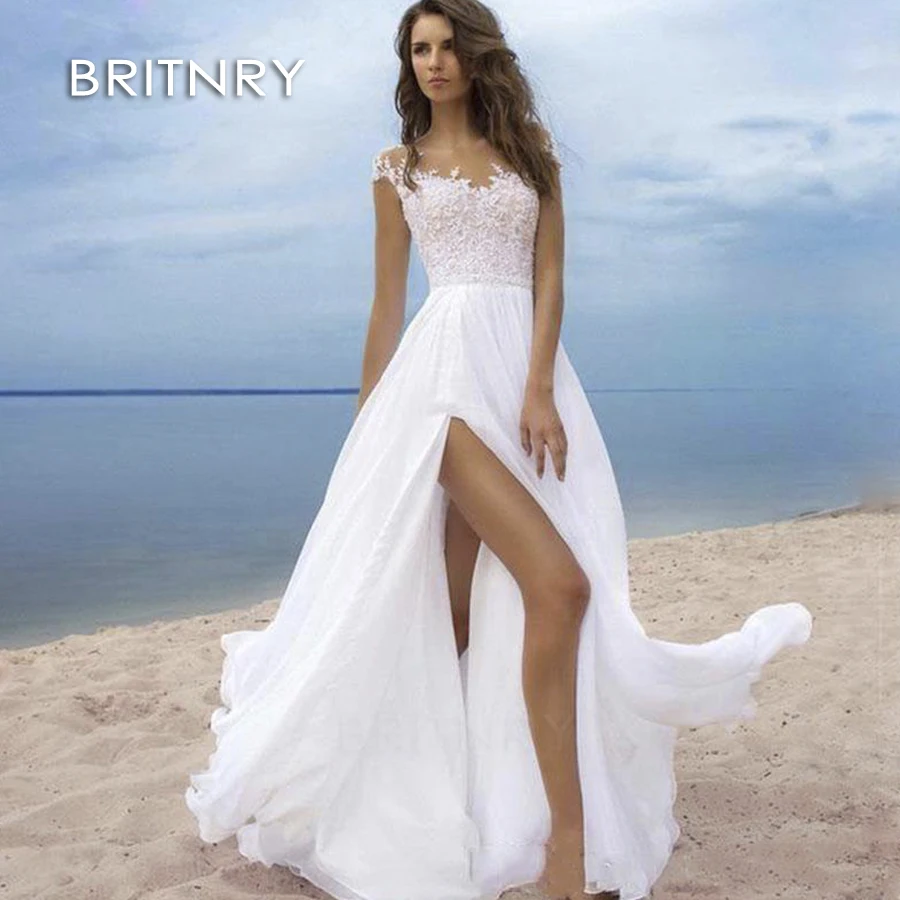 

BRITNRY 2020 Beach Wedding Dress Lace Appliques Chiffon Bride Dress A Line Wedding Gowns Romantic White/ ivory Vestido De Noiva