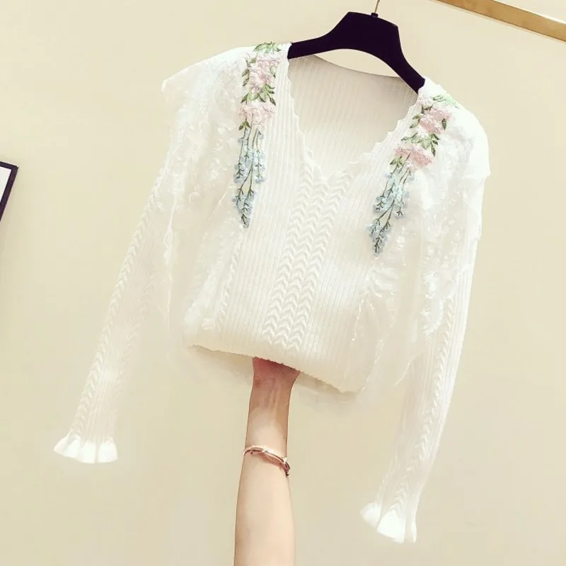 Autumn/Winter Floral Swerter Women 2019 New Lace Stitched Long-sleeved Knitted Top Sweet Embroidered Flower Sweater Girls | Женская