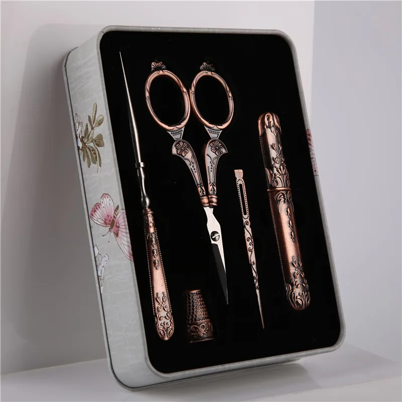 

Retro Scissors Set Exquisite Vintage Scissor+Needle Storage Tube+Awl+Threader+Thimble Embroidery Tailor Scissors with box