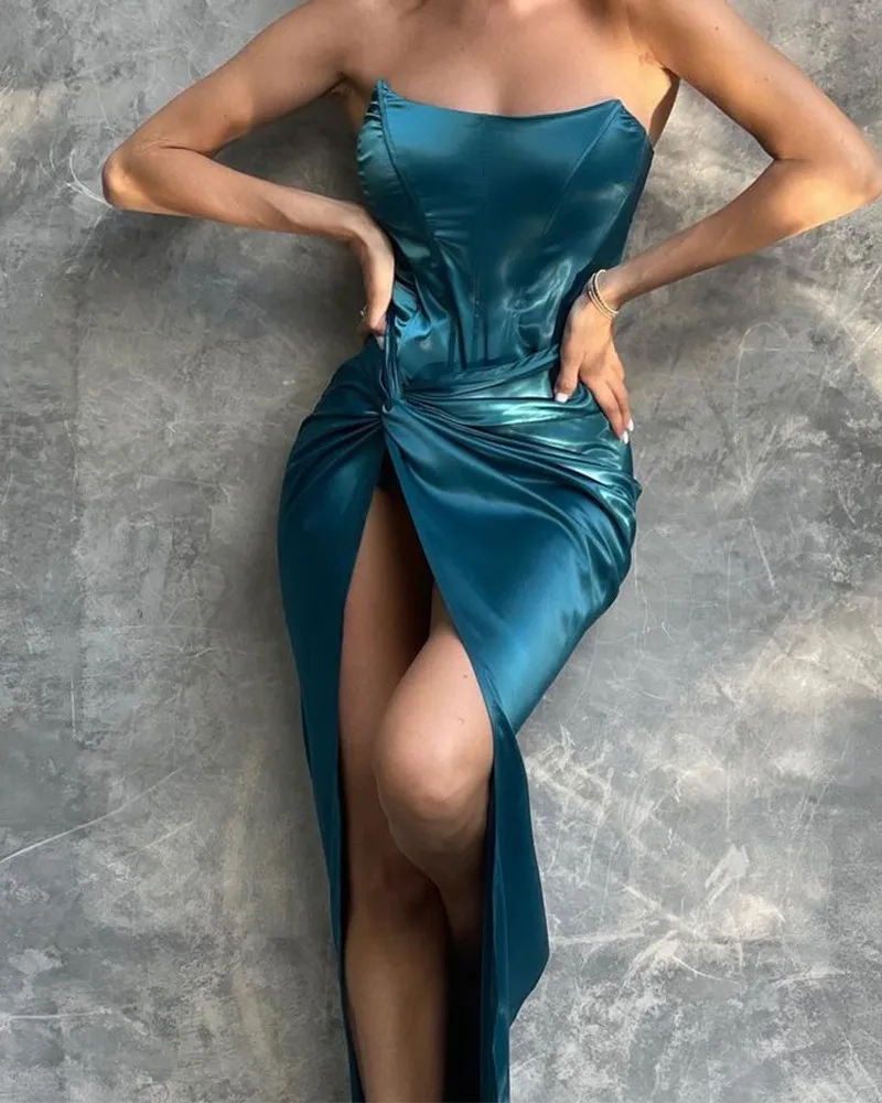 

2021 women's dress new fashion satin tube top twisted high slit sexy tight-fitting solid color dress party club evening dress