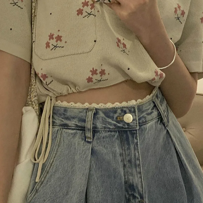 

Women Jeans Vintage Female Wide Leg Trousers Lace Pleated Womens Clothes Casual Loose 2XL BF High Waist Fashion Korean Style New