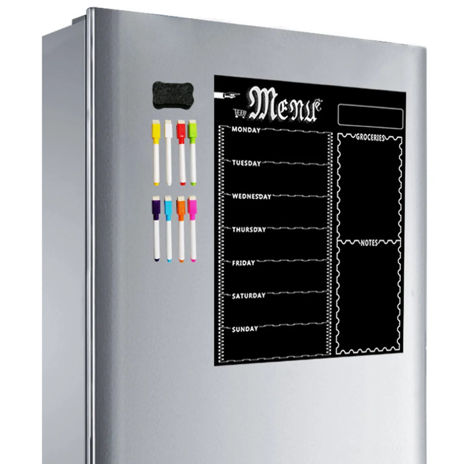 Magnetic Menu Board Kitchen Fridge Board with 8 Color Chalk Markers Dry Erase Weekly Planner Grocery Chalkboard for Refrigerator