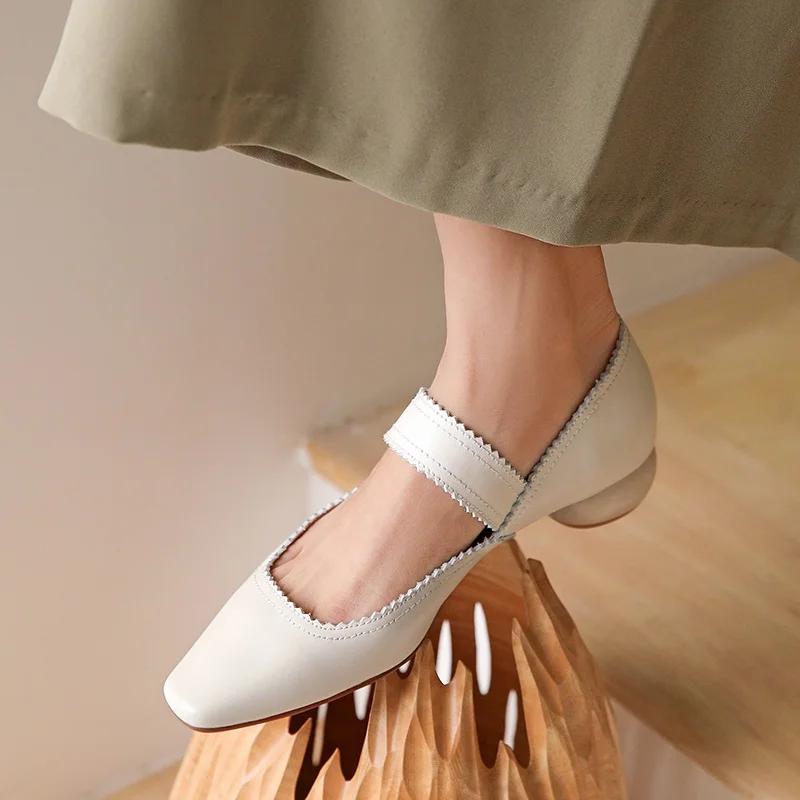 

Women Pumps High Quality Buckle Thick Heel Comfortable Popular Round Toe Genuine Leather Mary Janes Dress Casual Shoes Woman 39