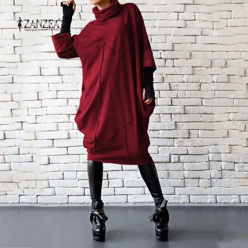 

Коллекция ZANZEA 2021 года, стильные толстовки в стиле пэчворк, женские свитшоты с высоким воротником, повседневные короткие платья с длинным ру...