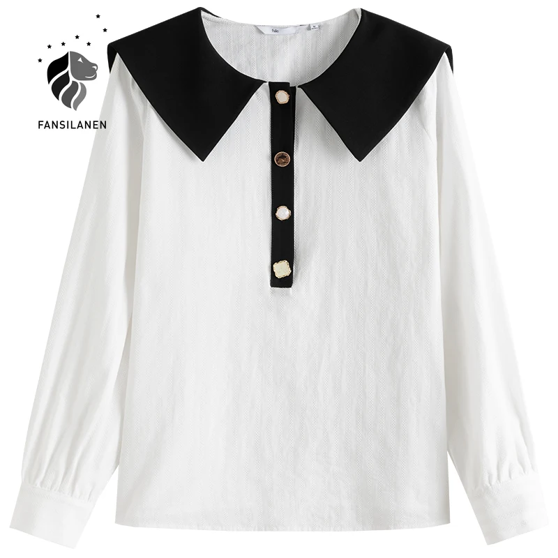

FANSILANEN 100% Cotton white casual blouse shirt Women long sleeve patchwork elegant top Female office lady button up shirt 2021