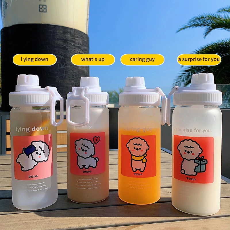 Милая Корейская матовая стеклянная бутылка для воды 500 мл с соломинкой