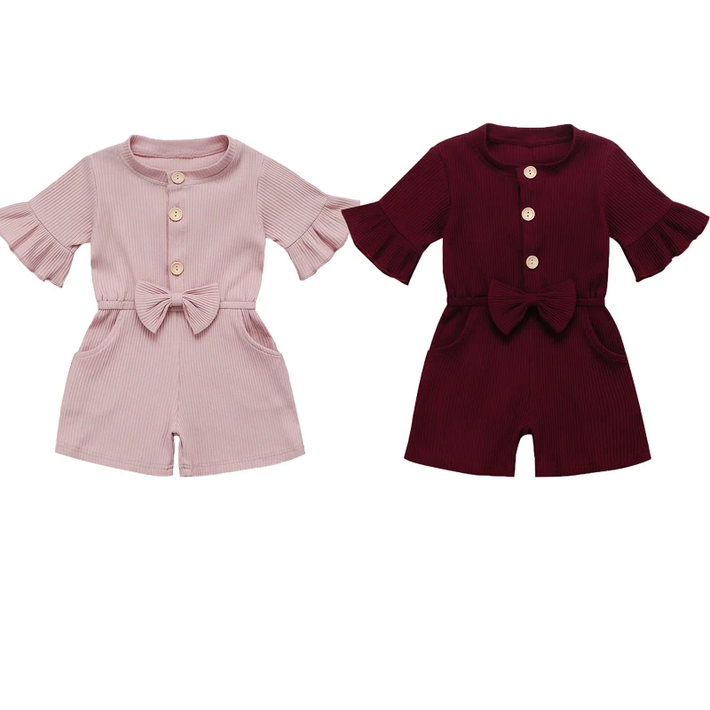 Детский комбинезон в рубчик однотонный с бантом для маленьких девочек одежда на