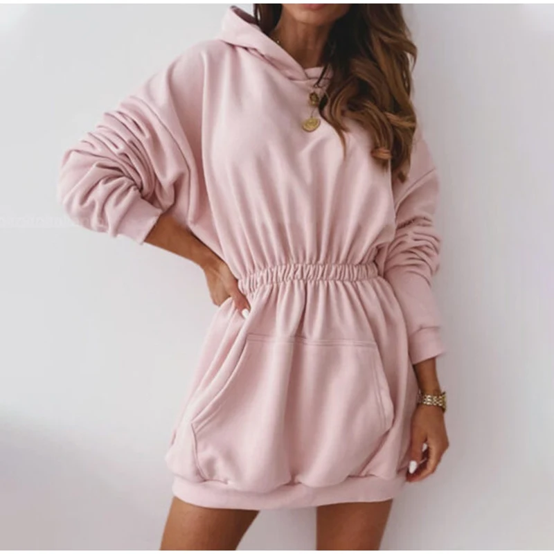 hirigin Autumn Hooded Female Sweatshirts Women Hoodies Dress Long Sleeve Pocket Elastic Waist Hoodie 2020 Streetwear Casual Lady