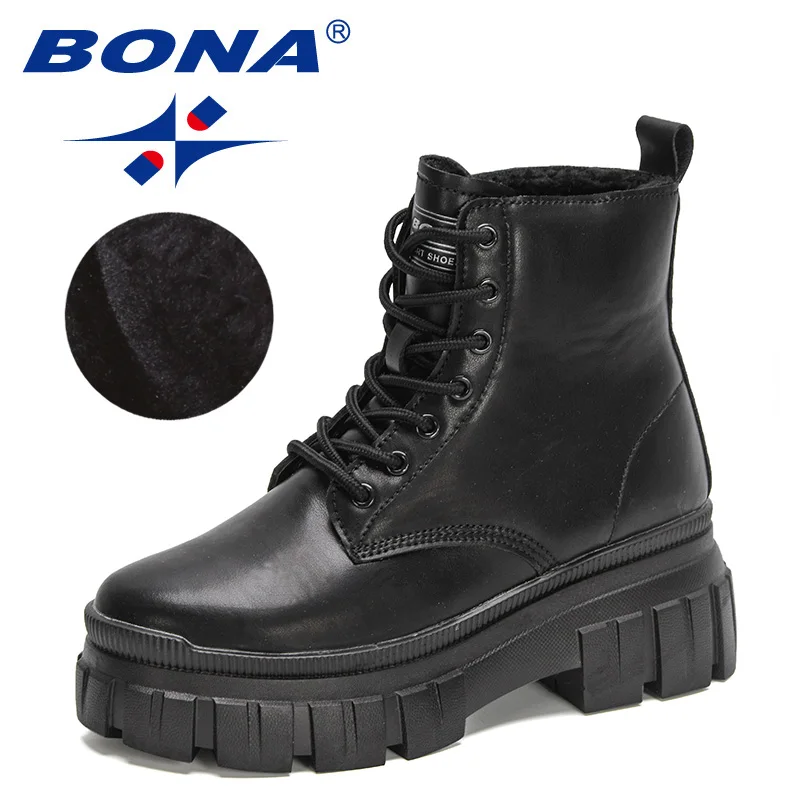 

BONA 2022 New Designers British Style Vintage Ankle Boots for Women High Top Plush Warm Boot Woman Winter Platform Comfy Booties