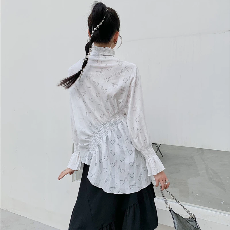 

Kimotimo Women Irregular Loose Shirts Summer Love Print Hollow Out Palace Tops Design Minority Stand Collar Long Sleeve Blouse