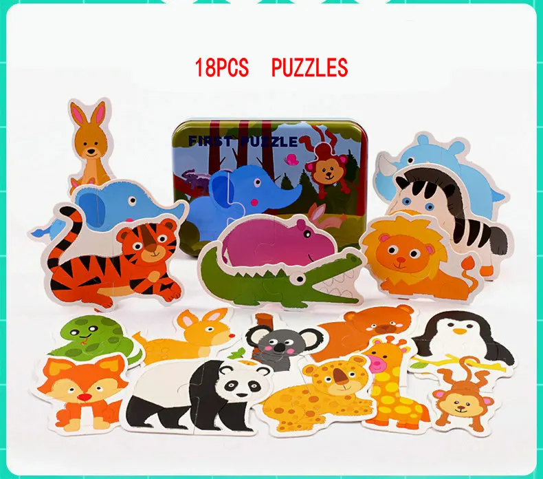 Зеленый 20 pieces Large puzzles Iron box packing, Early childhood educational enlightenment puzzle, 1-2-3 years old Paper puzzles toys - Цвет: Зеленый