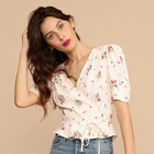 Женская винтажная блузка с цветочным принтом, коротким рукавом-фонариком и V-образным вырезом