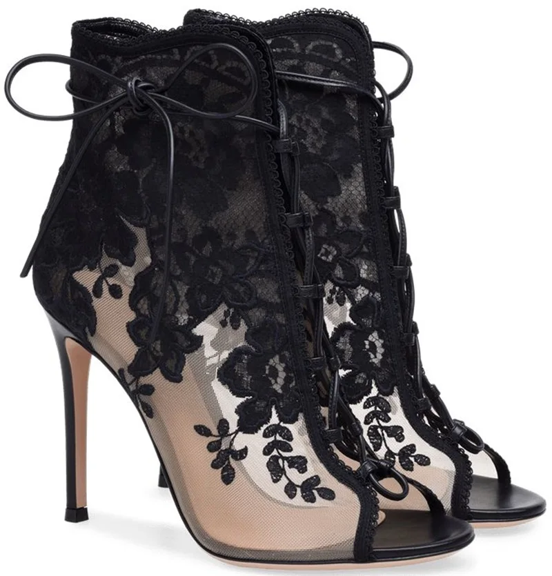 Ботильоны женские с цветочным принтом сетчатые сандалии на тонком высоком