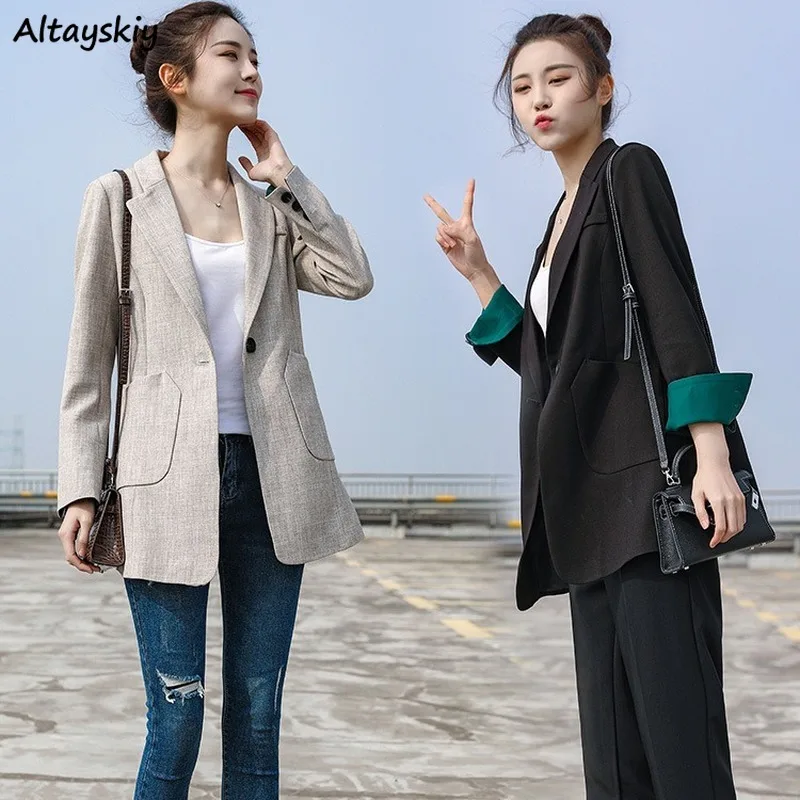 

Blazers Women Slim Design Female Spring All-match Notched Coats Office Lady Korean Style Single Button Outwear Plus Size S-3XL