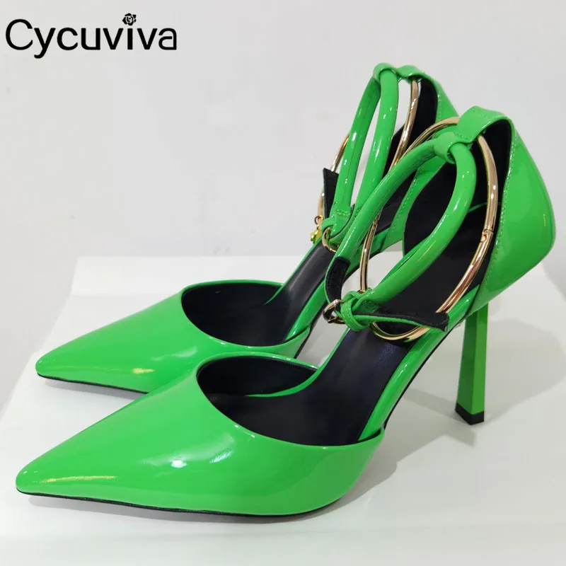 

New High Heel Gladiator Sandals Green Leather Women Pumps Ankle Strap Ring Decor Party Shoes Woman Summer Sandalias Mujer 2021