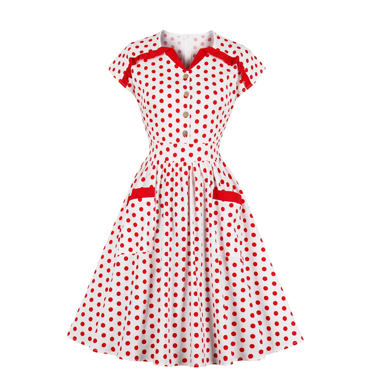 

Red Polka Dot Vintage Summer Women Dress V-Neck Button Up Pockets Rockabily Pleated Dresses Cotton