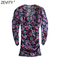 zevity 2022 new women sexy v neck totem floral print slim pleated mini dress female chic puff sleeve brand party vestidos ds9039