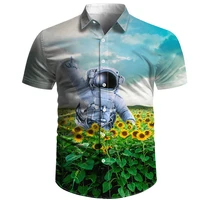 fashion summer mens shirt button down fine dye cloth mixed print 3d astronaut style travel shirt unisex travel shirt