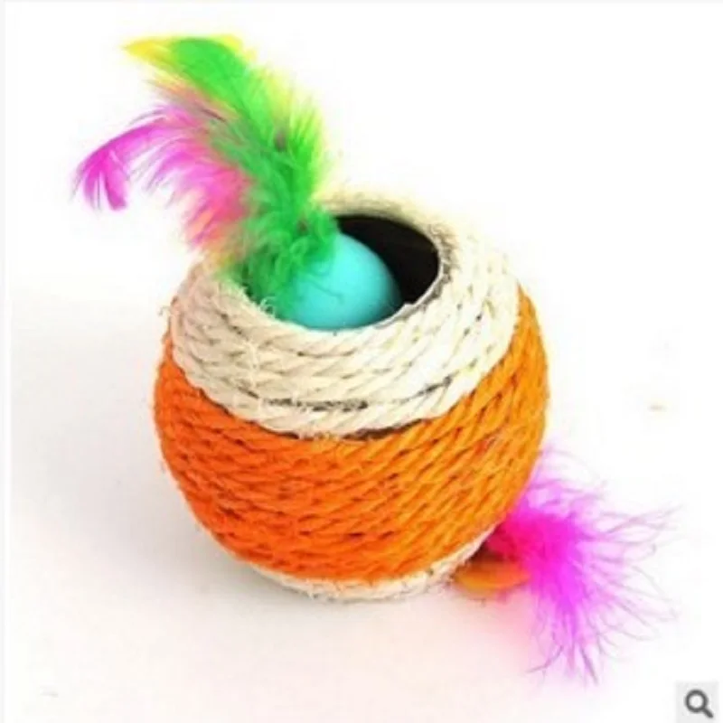 Colorful Cat Pet Sisal Rope Woven Ball with Feather Teaser Playing Chewing Rattle Scratch Catch Toy Color Random | Дом и сад