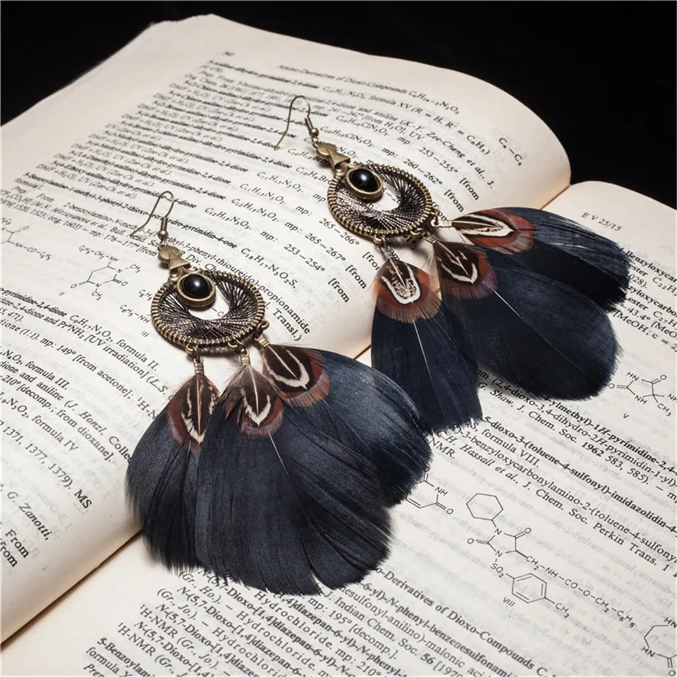 Boho, черные, перьевые, с бахромой, серьги с кристаллами, богемный стиль, Винтаж, Ловец снов, длинные, с кисточками, бусины, листья, серьги для женщин, ювелирное изделие