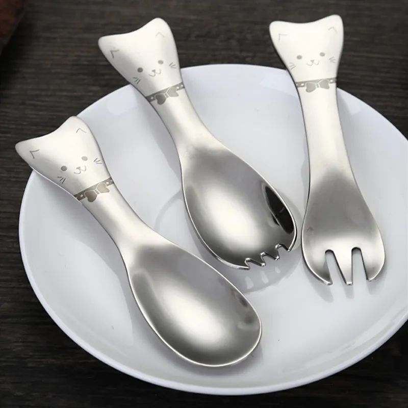 

Cute mini 304 Stainless Steel Cartoon Cat Shape Ice Cream Salad Coffee Spoon Fork Children Kids Cutlery Set Tableware Dinnerware