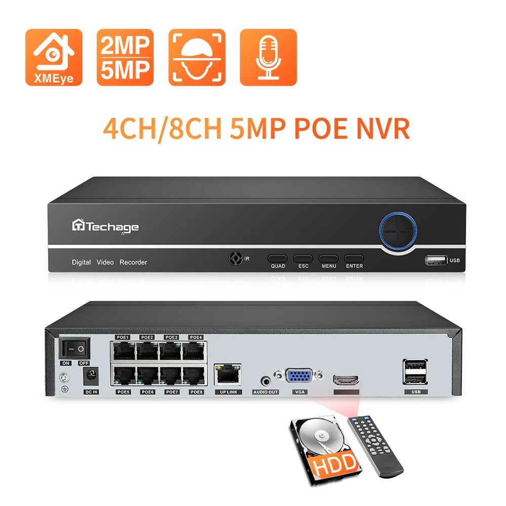 Techage H.265 4K 8CH PoE NVR 2MP 3MP 5MP сетевой жесткий диск Видеорегистратор Домашняя
