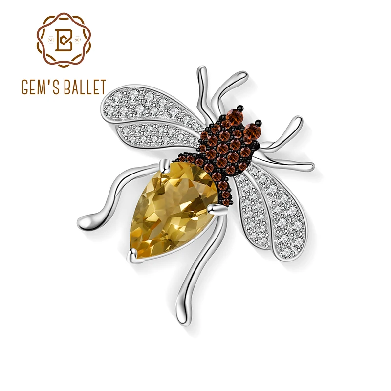 

GEM'S BALLET 925 Sterling Sliver Cute Bee Insect Pins Brooches 3.04Ct Natural Citrine Clothes Sweater Jewelry For Women Brooch