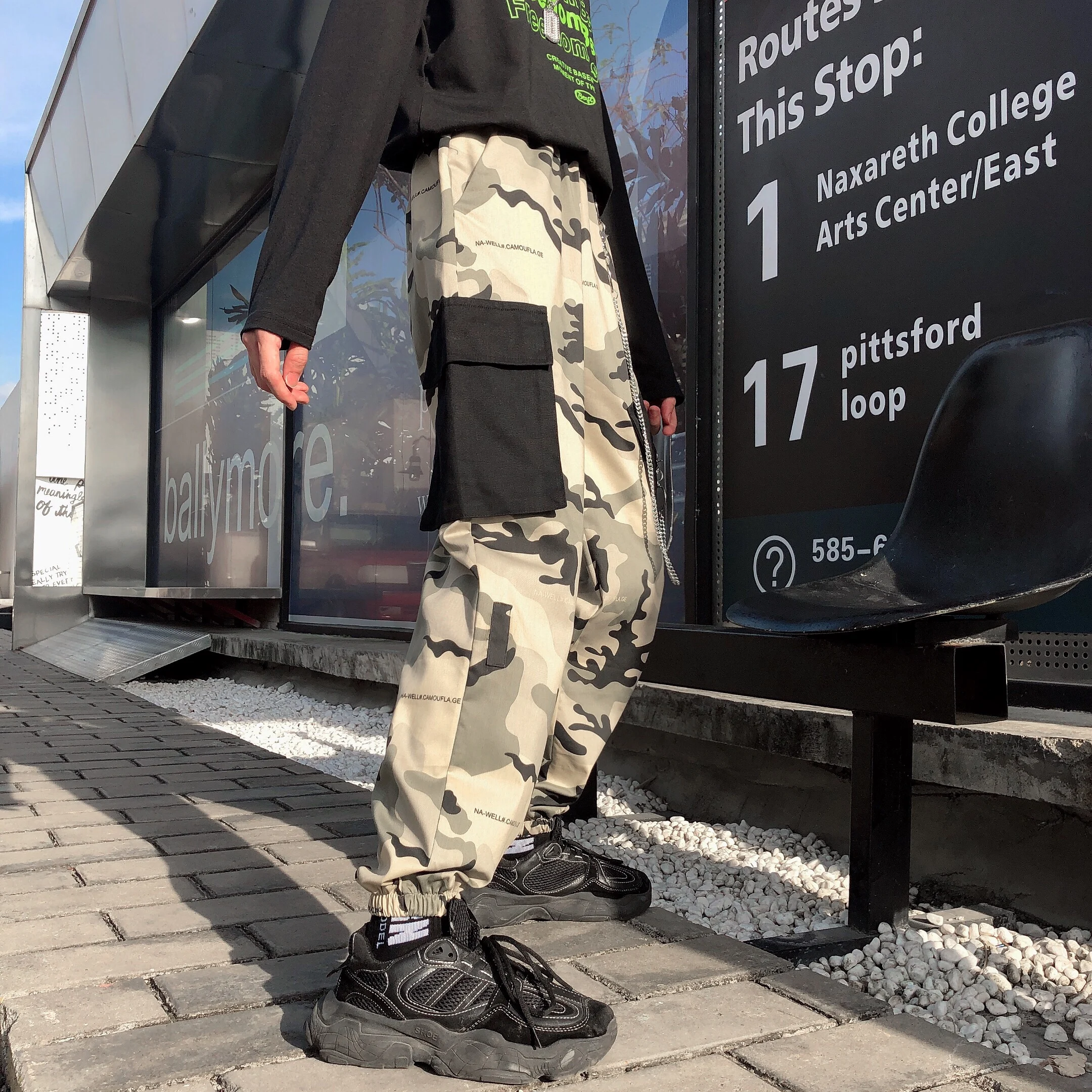 Камуфляжная камуфляжная хаки карго резинка с пряжкой карман Jogger эластичный пояс Уличная Брюки в стиле Харадзюку панк кольцо цепь плюс размер