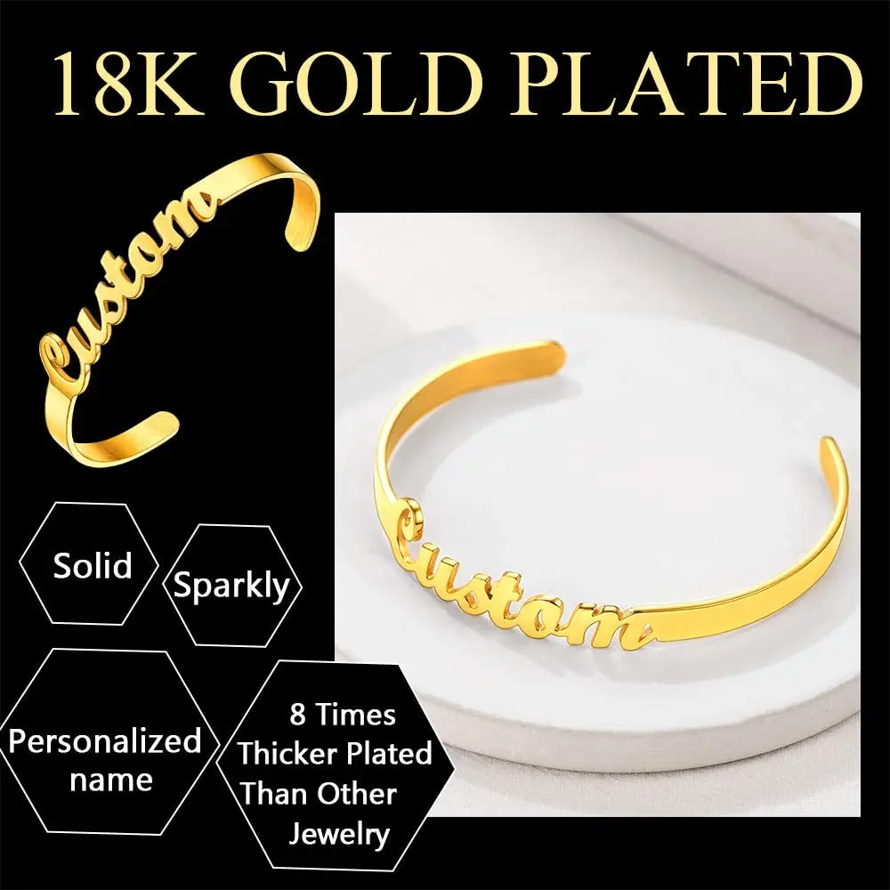 U7 Engravable Cuff Bracelet Custom Engraved Personalized Name Bracelets for Women Teens Girls Gold Handmade Nameplate Bangle