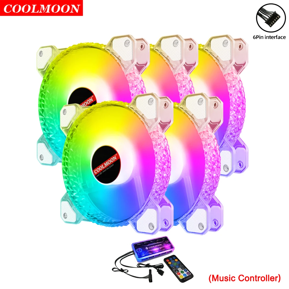Coolmoon Diamond Style 120mm PC Computer Case Fan 6Pin Silent Cooler Mute RGB Cooling Fans Radiator Music Controller