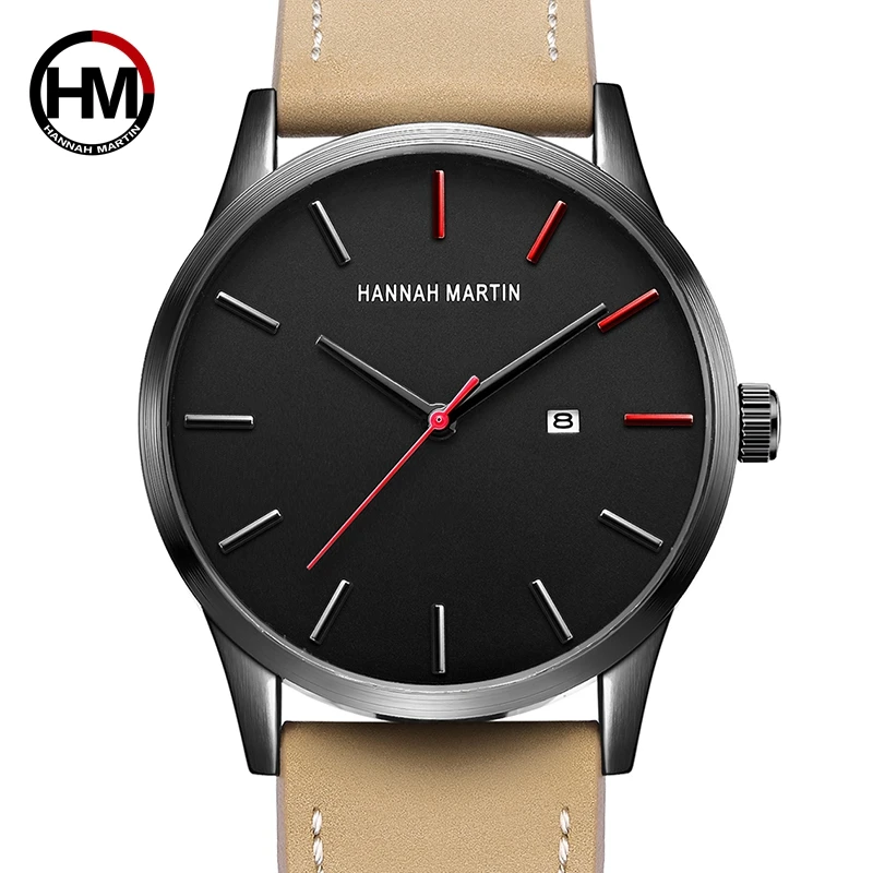 Мужские наручные часы с календарем кварцевые коричневым кожаным ремешком