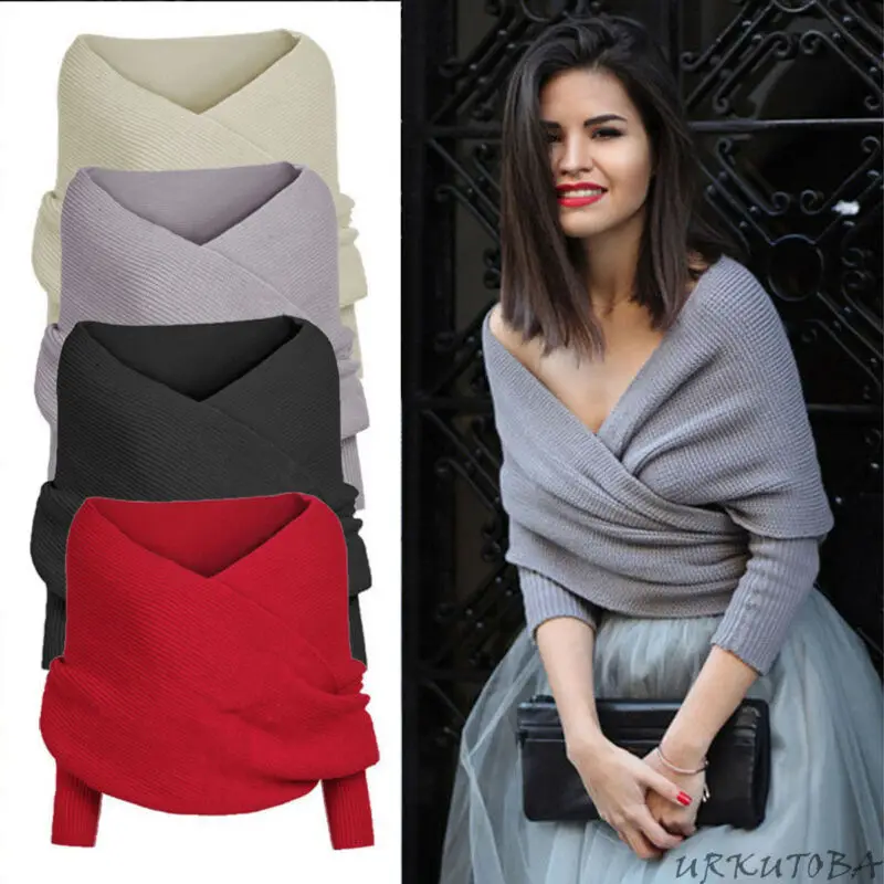 

2020 Autumn Sweaters Women Off Shoulder Cross Wrap Sweater Shirt Slash Neck Short Tee Top Pullover Knitwear