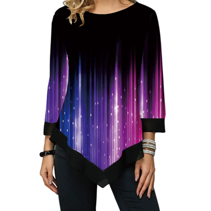

Cosmic Starlight Printing Long Tshirt Women Irregular Hem Shirts O-Neck Women's Chiffon Patchworked Tshirts Femme Casual Tee