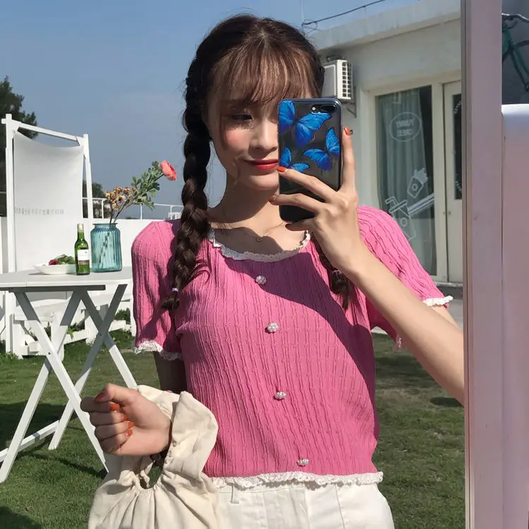 

Женские футболки, кружевная футболка с оборками и коротким рукавом, женский летний трикотажный топ 2020, кроп-топ, женские футболки