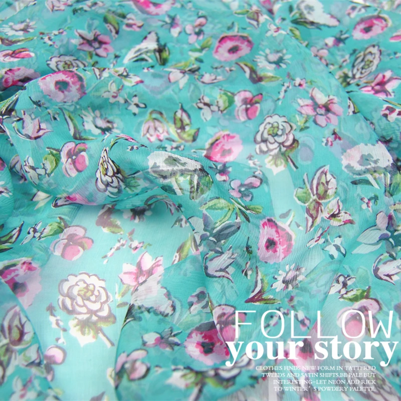 Silk Georgette Chiffon Fabric Dress Floral Lake Blue Vintage Large Wide 100%  Pleated  Thin Transparent Skirt Scarf  DIY Sewing