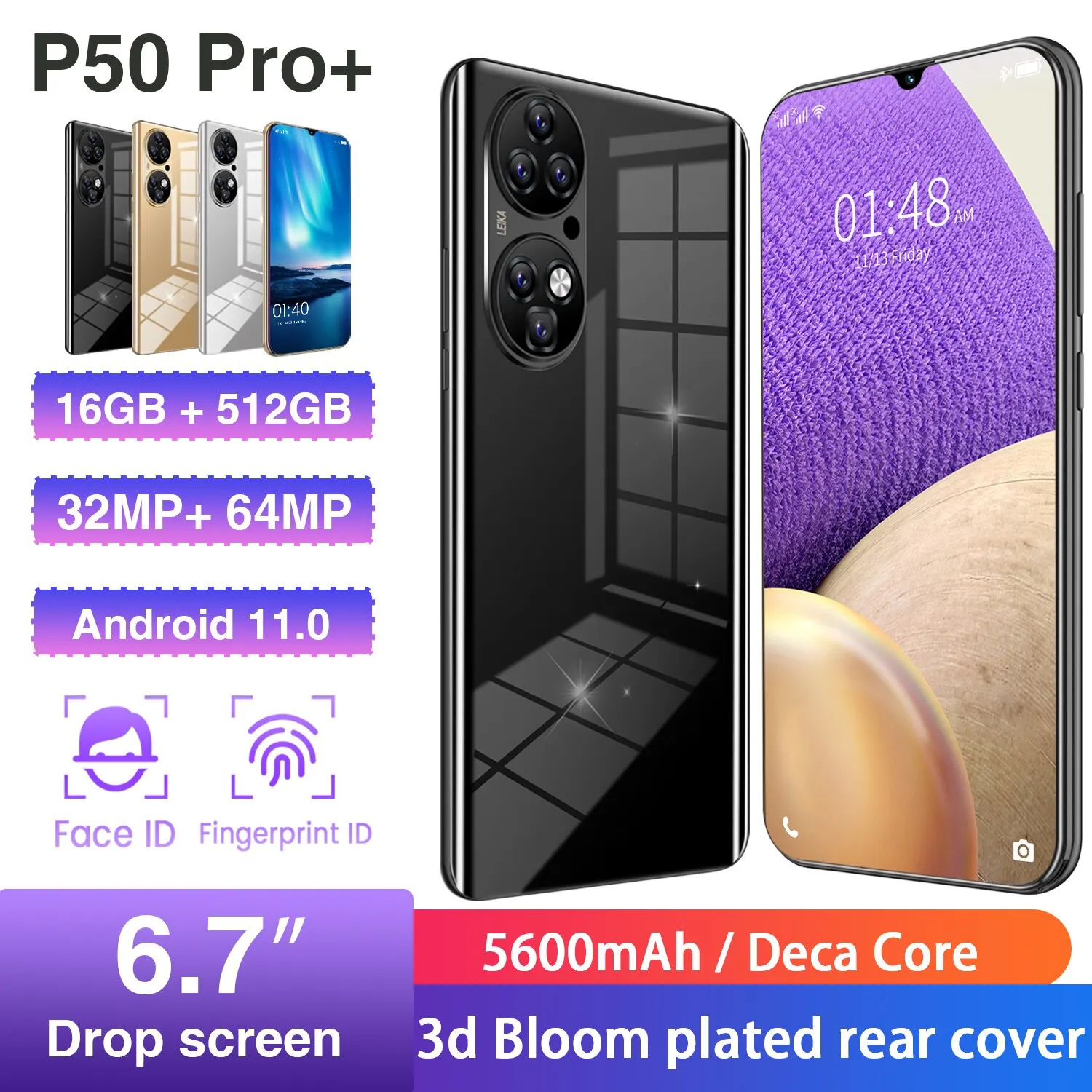 

P50 Pro+16+512gb 6.7 Inch 32 64mp 5600mah Deca Core Andriod11.0 Smartphone 1440*3200 Fingerprint Id Mobile Phone