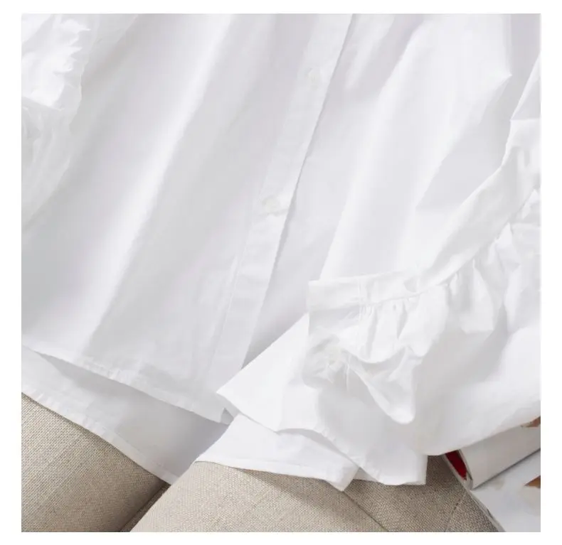 

Shirring Sleeve Button Up Shirts Womens 2021 Spring Autumn Long Sleeve Cotton Blouse Female Ruffles Collar Oversize Loose Tops