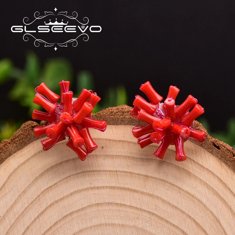 

GLSEEVO Handmade Natural Red Sea Bamboo Coral 925 Sterling Silver Stud Earrings For Women Wedding Party Luxury Jewellery GE0661