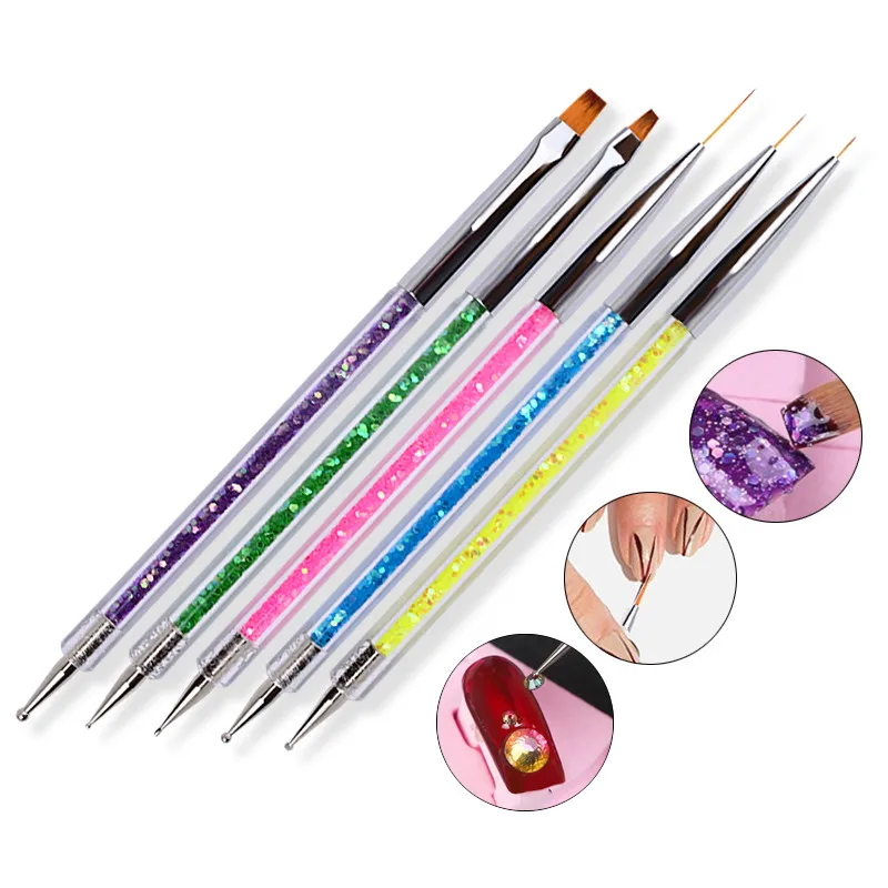 

5 Pcs/set New Handle Design 2 Sides 3D Sequins Nail Art Dotting Pen UV Gel Polish Drawing Liner Nail Brush DIY Nail Tools