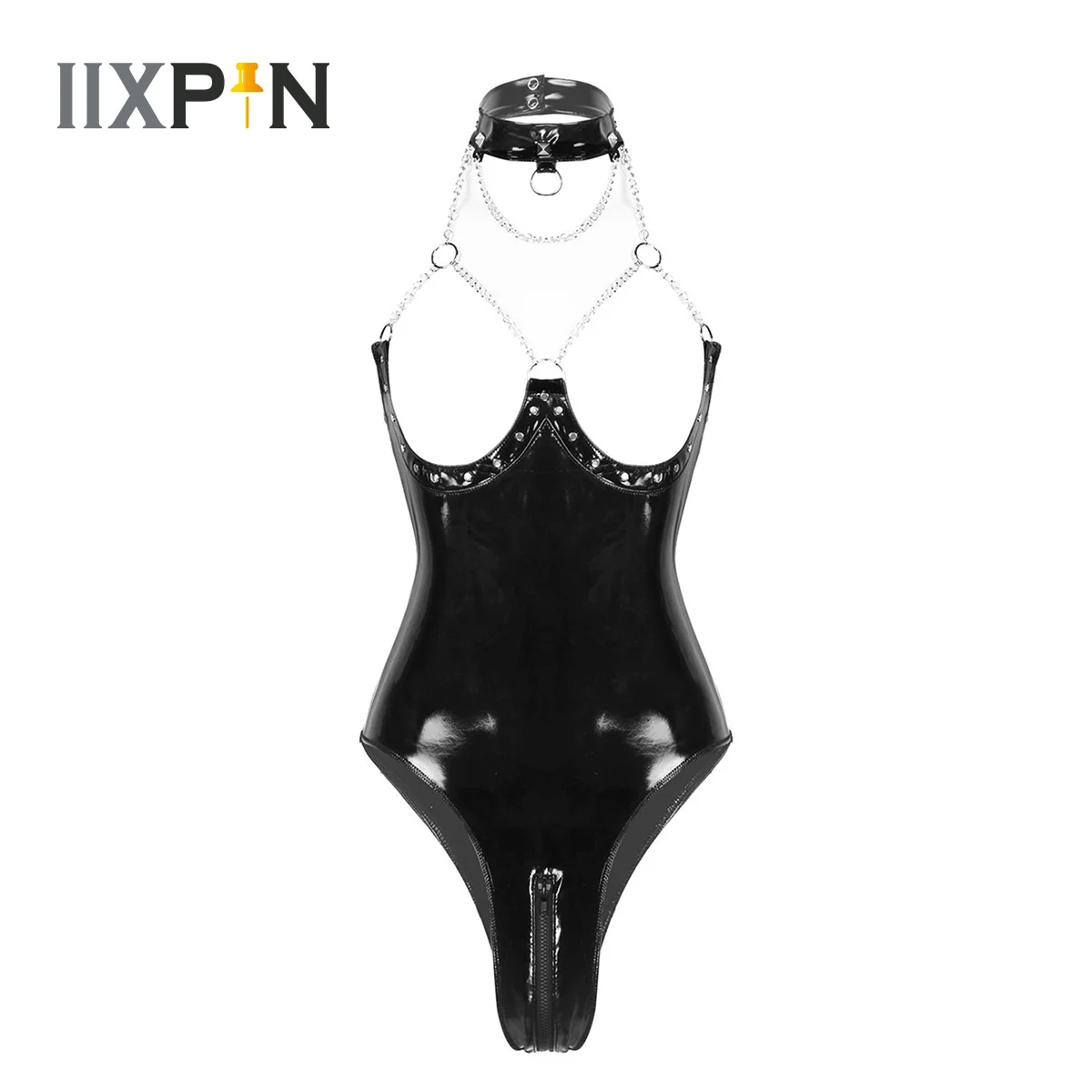 

Womens One-piece Wet Look Patent Leather Lingerie Halter Neck Open Cups Low Back Zippered Crotch Leotard Bodysuit Fancy Clubwear
