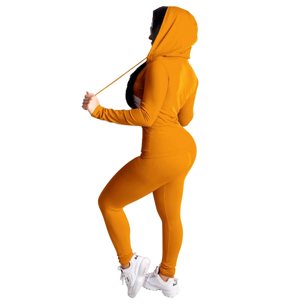 

Women Tracksuit Clothes Sets Fall Solid Color Zipper V Neck Hooded Long Sleeve Top Long Legging Tight Pants Clothing Costume