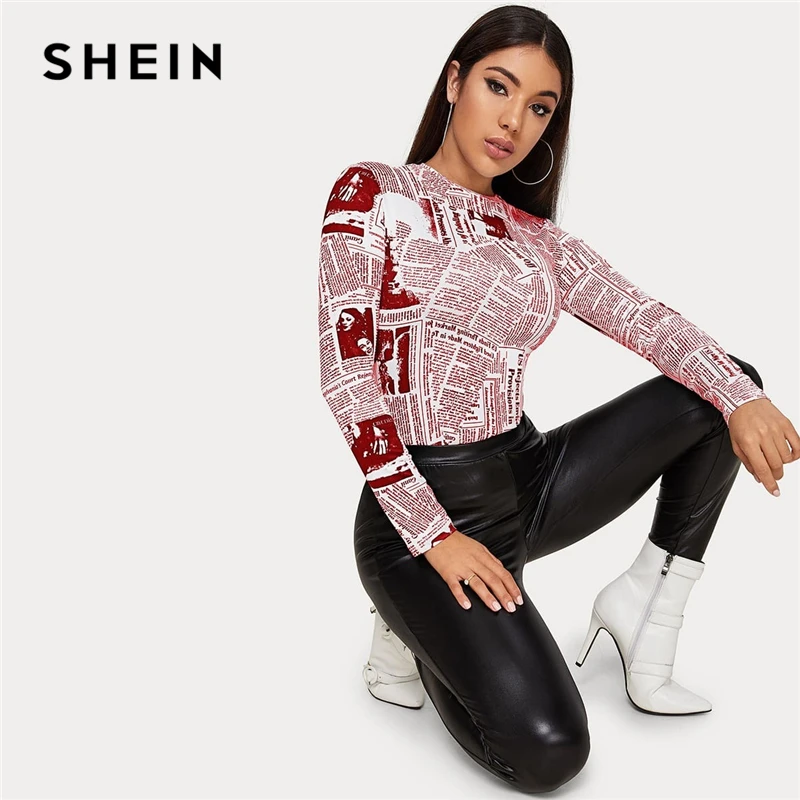 SHEIN Женская Повседневная футболка с буквенным принтом и круглым вырезом на весну и осень, облегающие уличные футболки с длинным рукавом