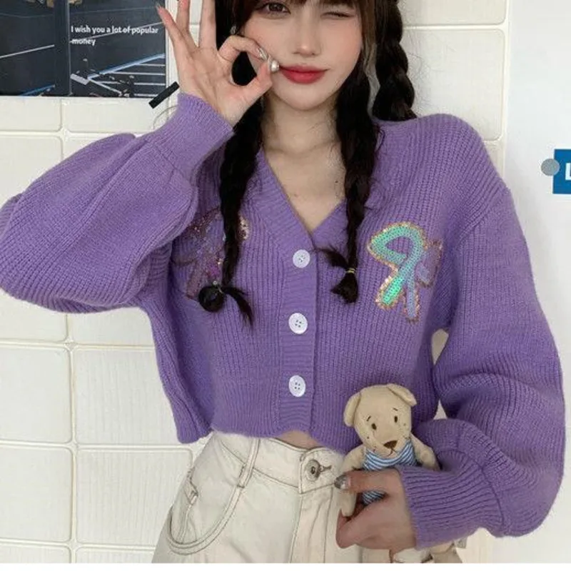 

Y2KROBE осень 2021 модный свитер Кардиган Фиолетовый Сказочный 3D бабочка V-образный вырез длинный рукав колледж Harajuku 90-х эстетический шик