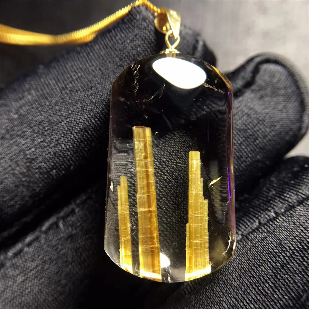 

Natural Gold Rutilated Quartz Pendant For Women Men Wealth Luck Gift 26x15x9mm Beads 18K Gold Crystal Gemstone Jewelry AAAAA
